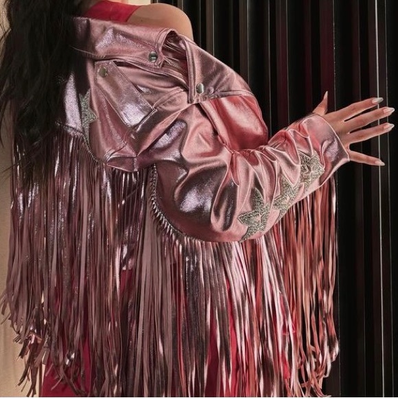KELSEY RANDALL X Revolve NEW Senne Fringe Jacket Stars Rhinestone Rose Quartz XS - Picture 9 of 16